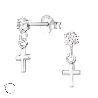 Silver Ear Studs with Hanging Cross and Genuine European Crystals