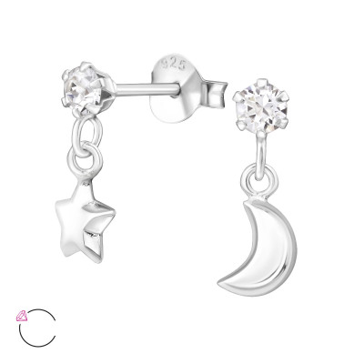 Silver Ear Studs with Hanging Star and Moon and Genuine European Crystals