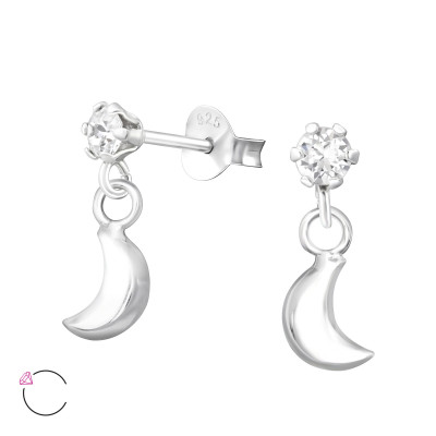 Silver Ear Studs with Hanging Moon and Genuine European Crystals