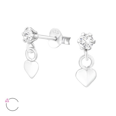 Silver Ear Studs with Hanging Heart and Genuine European Crystals