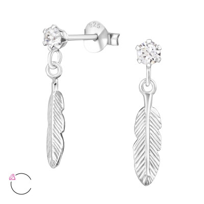 Silver Ear Studs with Hanging Leaf and Genuine European Crystals