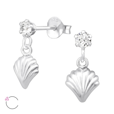 Silver Ear Studs with Hanging Shell and Genuine European Crystals