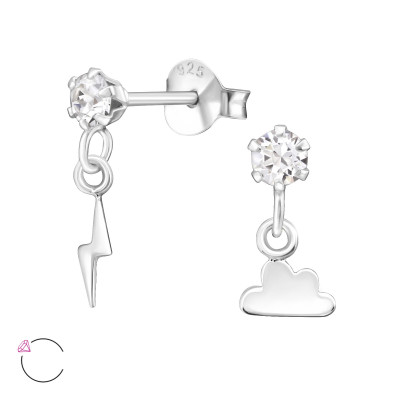 Silver Ear Studs with Hanging Lightning and Thunder and Genuine European Crystals