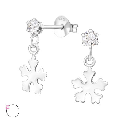 Silver Ear Studs with Hanging Snowflake and Genuine European Crystals