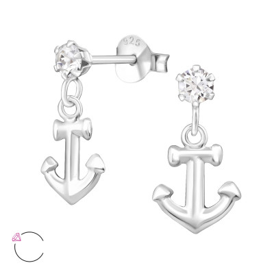 Silver Ear Studs with Hanging Anchor and Genuine European Crystals