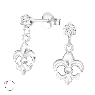 Silver Ear Studs with Hanging Fleur De Lis and Genuine European Crystals