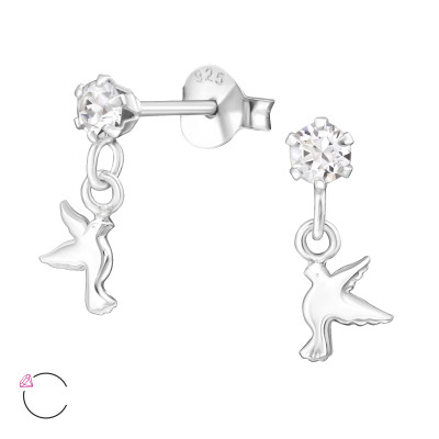 Silver Ear Studs with Hanging Bird and Genuine European Crystals