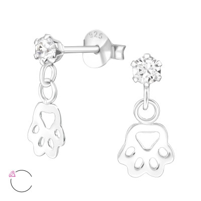 Silver Ear Studs with Hanging Paw Print and Genuine European Crystals