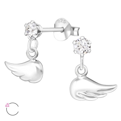 Silver Ear Studs with Hanging Wing and Genuine European Crystals