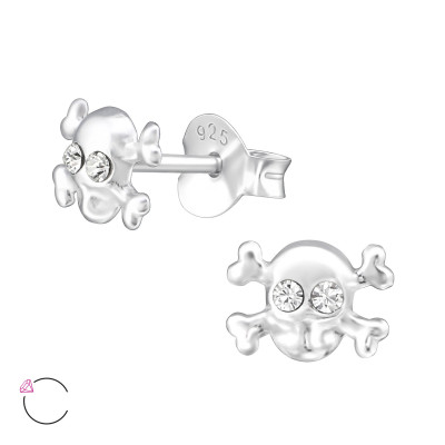 Silver Skull Ear Studs with Genuine European Crystals