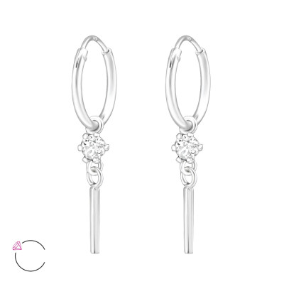 Silver Ear Hoops with Hanging Bar and Genuine European Crystals