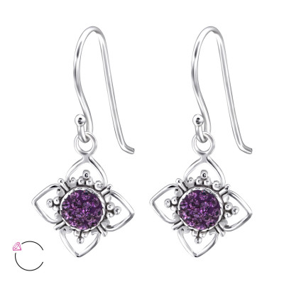 Silver Flower Earrings with Genuine European Crystals