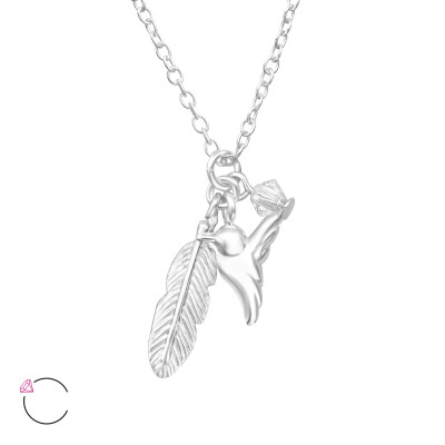 Silver Bird and Feather La Crystale Necklace with Genuine European Crystal