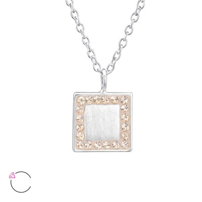 Silver Square Mirror Necklace with Brush Finish and Genuine European Crystals