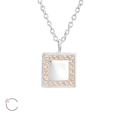 Silver Square Mirror Necklace with Genuine European Crystals