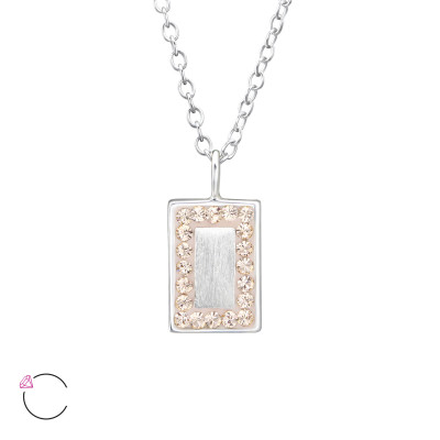 Silver Rectangle Mirror Necklace with Brush Finish and Genuine European Crystals