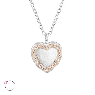 Silver Heart Mirror Necklace with Brush Finish and Genuine European Crystals