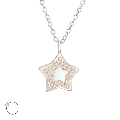 Silver Star Mirror Necklace with Brush Finish and Genuine European Crystals