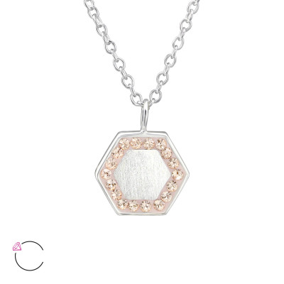 Silver Hexagon Mirror Necklace with Brush Finish and Genuine European Crystals