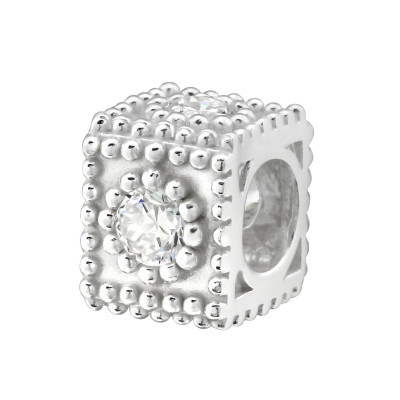 Silver Jeweled Box Bead with Cubic Zirconia