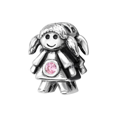 Silver Girl Doll Bead with Cubic Zirconia