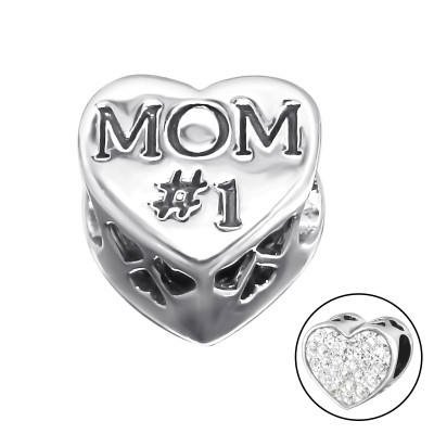 Silver Heart Mom Bead with Crystal