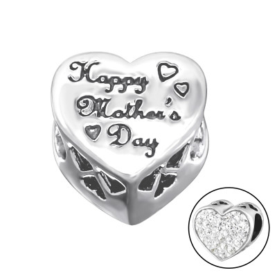 Heart Happy Mother's Day Sterling Silver Bead with Crystal