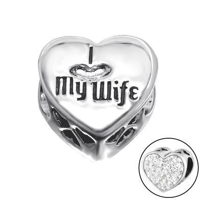 Silver Heart My Wife Bead with Crystal