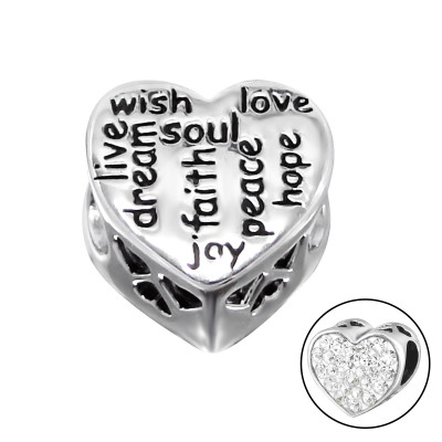 Silver Heart Love Faith Soul Bead with Crystal