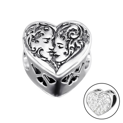 Silver Heart Face Bead with Crystal