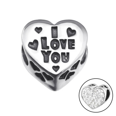 Silver Heart I Love You Bead with Crystal