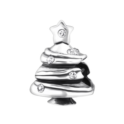 Silver Christmas Tree Bead with Cubic Zirconia