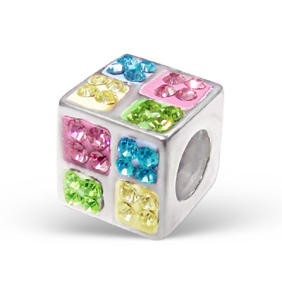 Square Sterling Silver Bead with Crystal