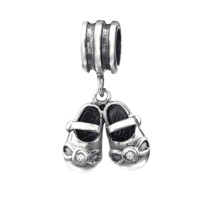 Silver Hanging Shoes Bead with Cubic Zirconia