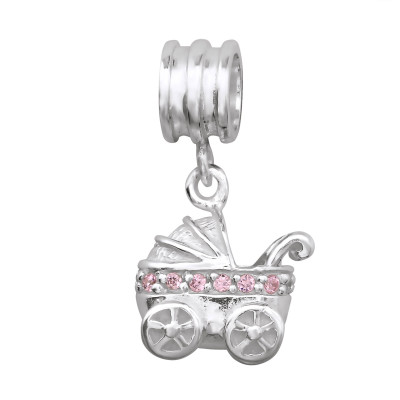 Silver Hanging Baby Carriage Bead with Cubic Zirconia