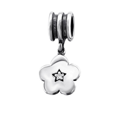 Silver Hanging Flower Bead with Cubic Zirconia