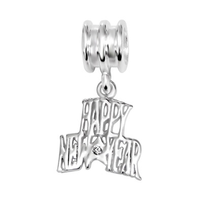 Silver Hanging Happy New Year Bead with Cubic Zirconia