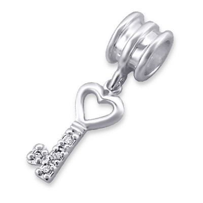 Hanging Key Heart Sterling Silver Bead with Cubic Zirconia