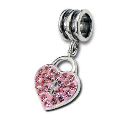 Hanging Heart Lock Sterling Silver Bead with Crystal