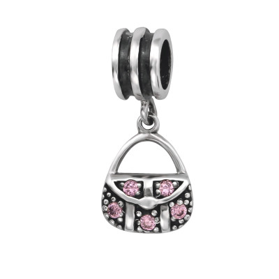 Silver Hanging Shopping Bag Bead with Cubic Zirconia