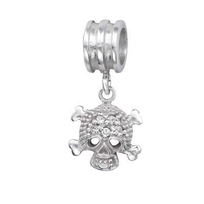 Silver Hanging Skull Bead with Cubic Zirconia