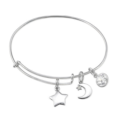 Silver Bangle with hanging Moon and Star Charms and Cubic Zirconia