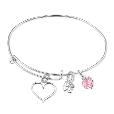 Silver Bangle with hanging Love Charms and Cubic Zirconia