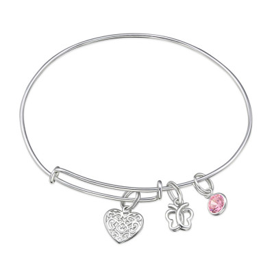 Silver Bangle with hanging Heart and Butterfly Charms and Cubic Zirconia