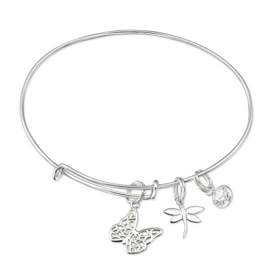 Silver Bangle with hanging Dragonfly and Butterfly Charms and Cubic Zirconia