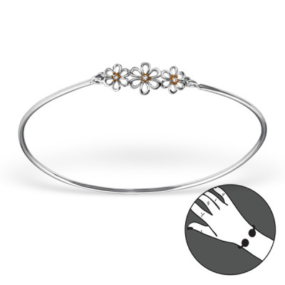 Flowers Closed Sterling Silver Bangle with Cubic Zirconia