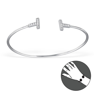 Bar Sterling Silver Bangle with Cubic Zirconia