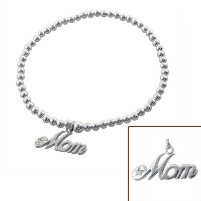 Mom Lettering Sterling Silver Bracelet with Cubic Zirconia