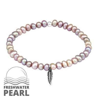 Silver Feather Bracelet with Fresh Water Pearl