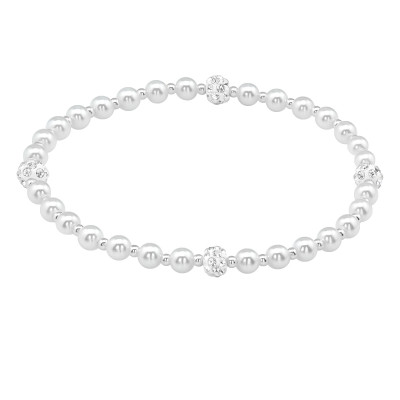 Silver Ball Bracelet with Synthetic Pearl and Crystal